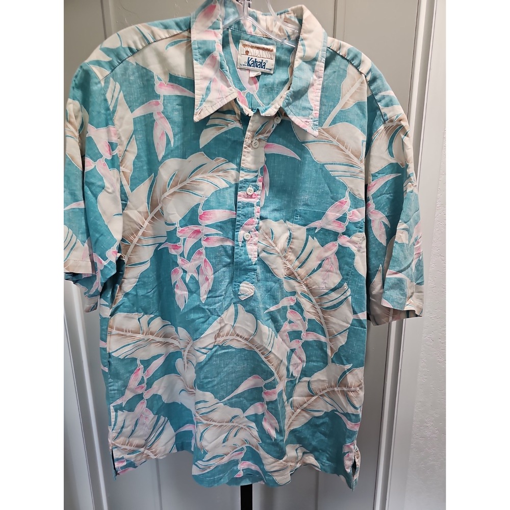 Kahala Hawaiian Aloha Shirt XL Tropical Floral Turquoise Pink Blue